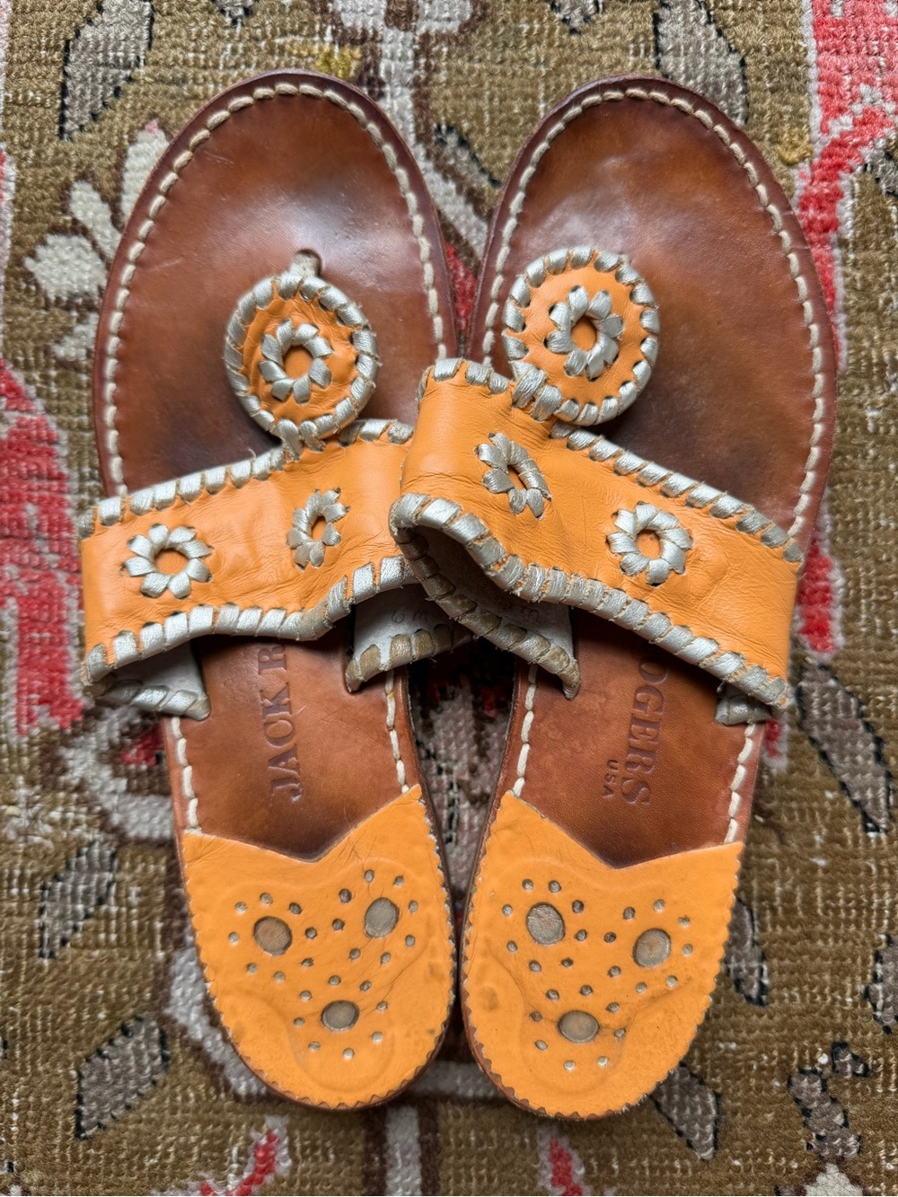 Jack Rogers Orange Leather Jardim Sandals with Natural Whipstitch